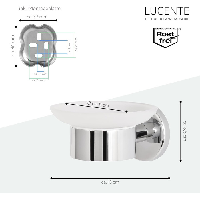 Тримач для мила Bremermann Lucente - скляний та нержавіючий, для ванної та душу, з можливістю кріплення на клей або свердління