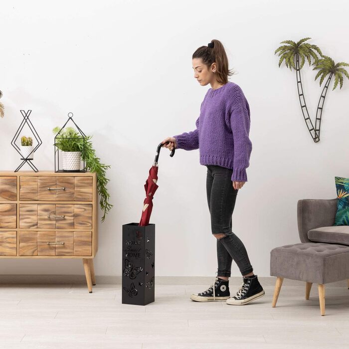 Підставка для парасольки Baroni Home з металу, дизайн модерн, з метеликами, 2 гачки, знімна водяна ємність, 15,5x15,5x49 см (Чорний)