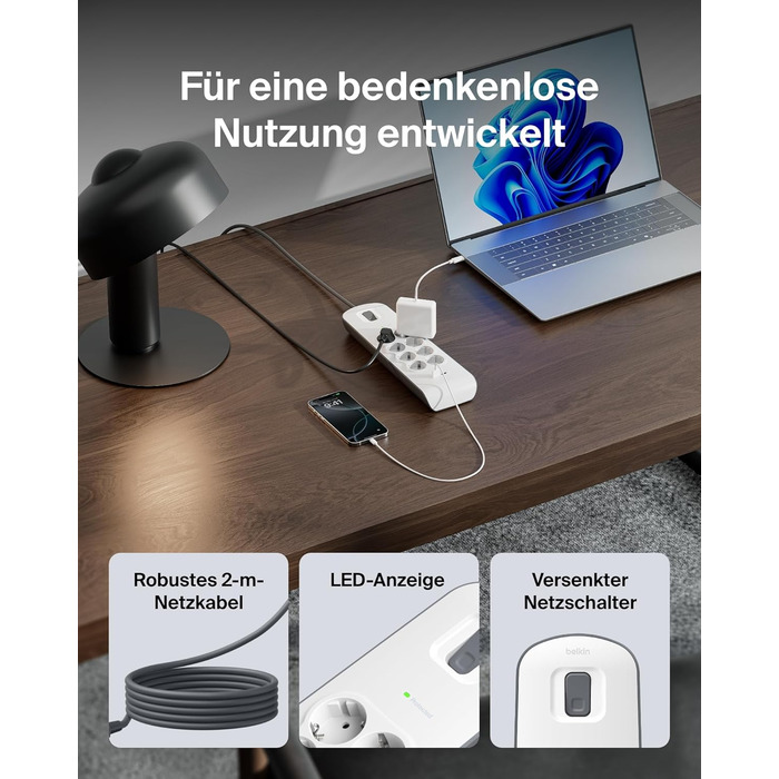 Мережевий фільтр Belkin з 8 розетками, захистом від перенапруги та USB-портами (2.4A), 2 м кабелю, для дому та офісу