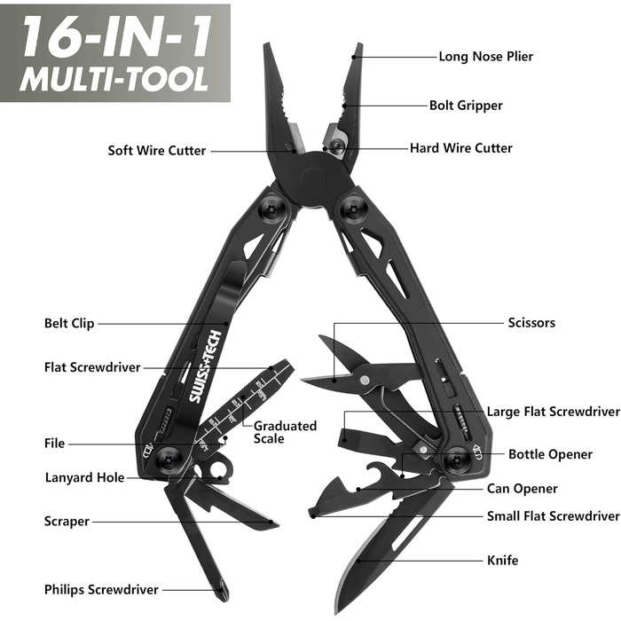 Мультитул Swiss+Tech 16 в 1 з нержавіючої сталі, мультифункціональний інструмент з ножем, відкривачкою та кліпсою для ременя, для кемпінгу та ремонту, з чохлом, чорний