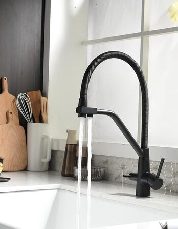 Змішувач кухонний поворотний на 360° з висувним дощувачем, з позолоченим покриттям, для кухні, однорідний, з трьома виходами, чорний