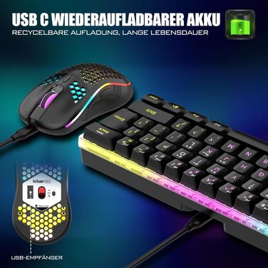 RedThunder Бездротовий ігровий комплект клавіатури та миші 60%, QWERTZ DE, для PC, MAC, PS5, Xbox, офісу. Чорний