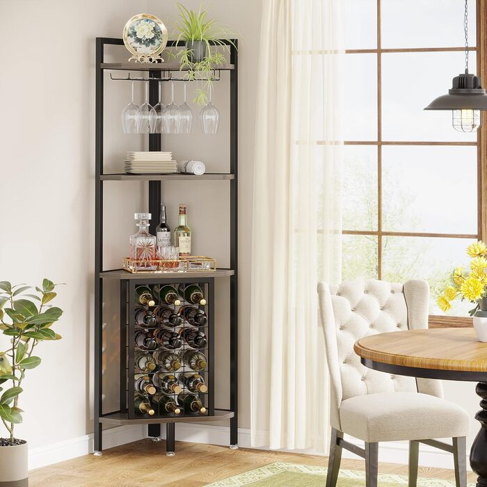 Tribesigns Wine Rack Freestanding Floor, 4-Tier Corner Wine Rack with Glass Holder & Wine Storage, Industrial Wine Rack Wine Bar Cabinet for Bar, Kitchen, Dining Room, Grey