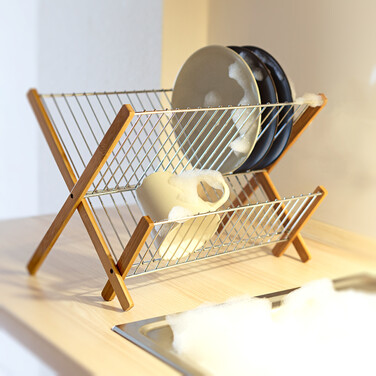 Relaxdays Dish Drainer CROSS Bamboo-Metal