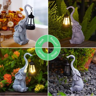 Yeomoo Elephant Decoration with Solar Lantern Garden Figures - for Outdoor Garden Decor with Weatherproof LED Solar Lamp for Balcony Garden, Gifts for Women Men Mom Birthday Gift Grey