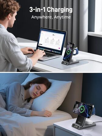 Зарядна станція 3-в-1 бездротова для iPhone, Apple Watch, AirPods, з годинником, для подорожей