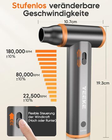 Електричний повітряний дмухач для чищення: 8000mAh, 180000 обертів/хв, турбо-режим, для авто, дивану, дому. Алюмінієвий корпус, сірий.