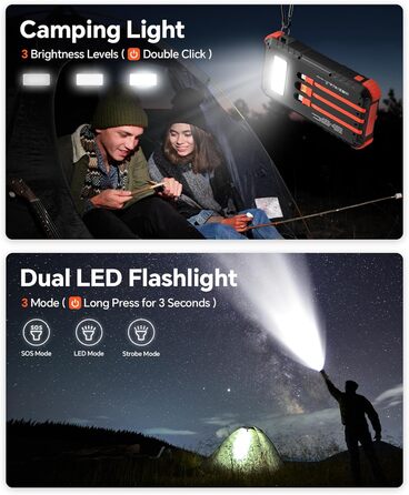 Сонячний Power Bank 26800mAh з PD15W, USB-C, 5 виходів, 3 входи, водонепроникний, з 3 кабелями, 2 ліхтариками та карабіном для кемпінгу, оранжевий