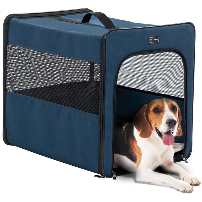 Транспортна переноска для собак Petsfit, складна, з м'якою підстилкою, синього кольору, розмір M (61x46x53.5 см)
