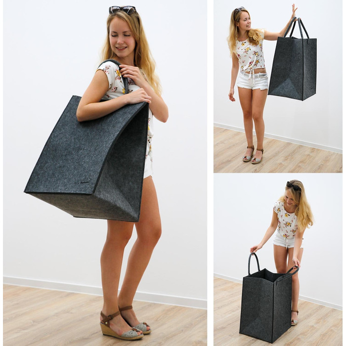 DuneDesign 100L Laundry Basket Felt Large - Felt Bag XXL Laundry Basket 60 cm tall - Felt Laundry Collector - Wooden Bag for Firewood Large Blanket Basket Living Room Bottle Collector Deposit Collection Storage Basket Felt