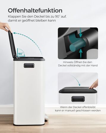 SONGMICS Відро для сміття кухонне, 40 літрів, з кришкою, з педаллю, Softclose, утримання кришки, біле LTB541E40