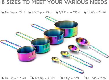 WELLSTAR Measuring Cups and Spoons Set, 4 Measuring Cups & 4 Measuring Spoons, with Stainless Steel Handles for Kitchen Cooking Baking, 8-Piece Set, Measuring Spoon Set for Dry and Liquid Ingredients