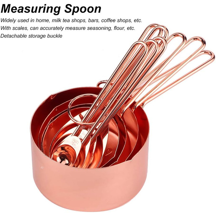 8-Piece Measuring Cup and Spoon Set, Stainless Steel Measuring Spoons with Buckle, Kitchen Baking Accessories for Milk-Tea Shops, Bars, Cafés, Kitchen Utensils (Color: Rose Gold)