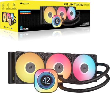 Рідинне охолодження процесора Corsair iCUE LINK Titan 360 RX LCD, 360мм AIO, FlowDrive, 3x RX120 RGB вентилятори, LCD-дисплей, для Intel LGA 1851/1700, AMD AM5/AM4, чорний