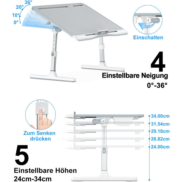 Столик для ноутбука Potuopy з регулюванням висоти та кута нахилу, великий (60*40 см), сірий