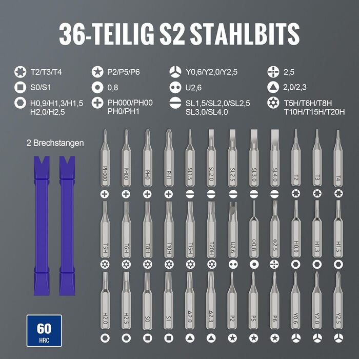 WORKPRO Набір викруток 42-в-1 електричний, для точних ремонтів телефонів, годинників, камер, з 36 бітами S2, магнітною коробкою, зарядкою Type-C