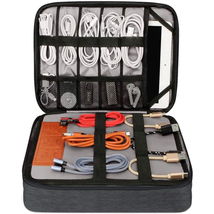 Органайзер для кабелів - сумка-органайзер для подорожей, аксесуари для електроніки, кейс для кабелів (28.5 x 23 x 6 см, чорний)