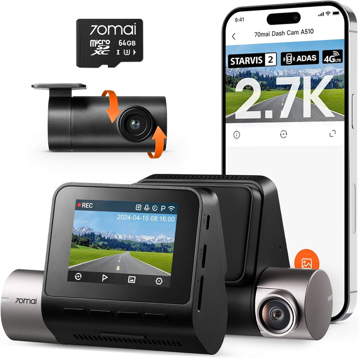 Відеореєстратор 70mai Dashcam A510 (передній+задній) 2.7K+1080P STARVIS, HDR, GPS, ADAS, 4G LTE, паркувальний режим, керування через додаток, 64GB SD карта