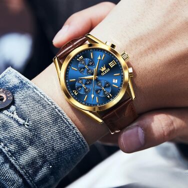 Чоловічий годинник OLEVS Vintage з шкіряним ремінцем, велике циферблат, водостійкий, аналоговий годинник з датою (2872, блакитний циферблат/коричневий ремінець)