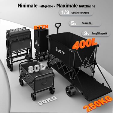 Візок садовий складний BTTN 400L двоярусний, вантажність 250 кг, чорний – для саду, пляжу, кемпінгу та покупок