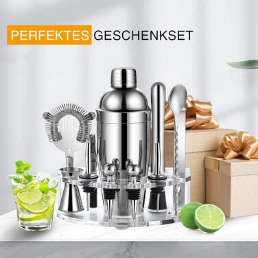 Cocktail Shaker Set, Stainless Steel Cocktail Set with 12-Piece Bar Accessories, 750ml Shaker Bartender Set with Stand, Cocktail Machine Bar Set for Home, Gifts for Men Dad Bartender (Silver)