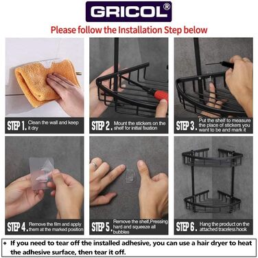 Поличка для душу GRICOL Eck-Duschregal без свердління, металева, кутова, 2 рівні, з гачками, для ванної кімнати, чорна