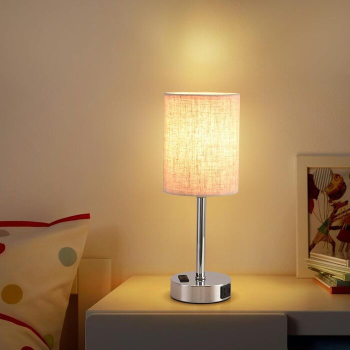LED-лампа на тумбочку з сенсорним керуванням, диммуванням, USB-портом A+C, тканинним абажуром, металевою основою, для спальні, офісу, вітальні (з лампочкою) (Бежевий)
