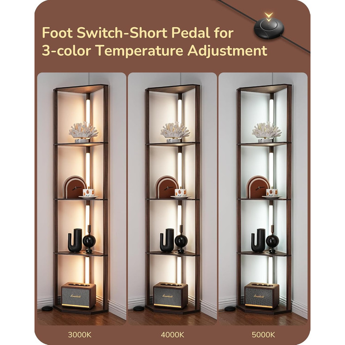 LED торшер EDISHINE з 4 полицями з дерева, торшер для вітальні, регульоване освітлення, 3 колірні температури, поворотний світловий стержень, підсвічування полиць, футовим вимикачем (темно-горіховий)