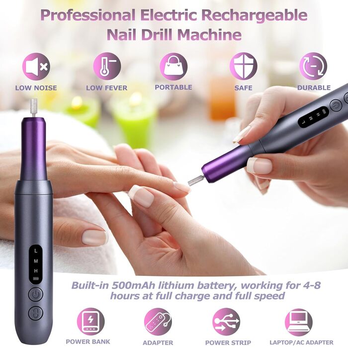 Електричний нагрівач для гелевих нігтів (манікюр/педикюр) з LCD-дисплеєм, 30000 об/хв, 3 швидкості, USB, сірий/фіолетовий