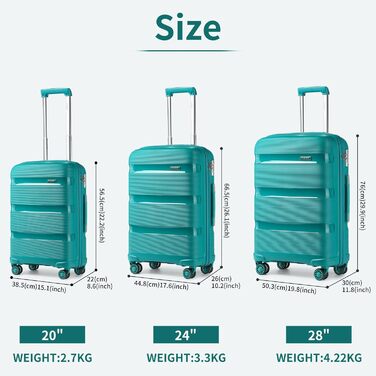 Набір валіз з твердого пластику: середній, великий, extra large, з TSA-замком, 4 колеса, поліпропілен, бірюзово-зелений