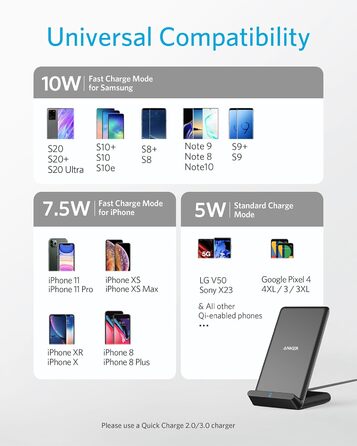 Бездротова зарядка Anker 313 Qi, сумісна з iPhone 16/15/15 Pro/15 Pro Max, SE (2020), 13/13 Pro/13 Pro Max, XR, Galaxy S22, 10W, чорний (без адаптера живлення)