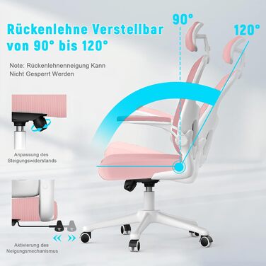 Офісний стіл Rattantree: ергономічний крісло з підтримкою попереку, регульовані підлокітники, регулювання висоти, поворотне крісло з дихаючою спинкою для офісу/кабінету (рожевий, з підголовником)