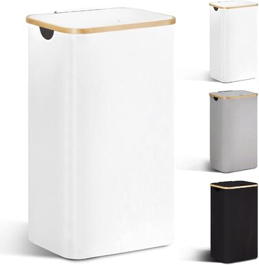 YOUDENOVA Laundry Basket with Lid 85L Laundry Collector Slim with Laundry Bag Large Foldable Laundry Sorter Wood Bamboo Laundry Chest High Laundry Baskets, White