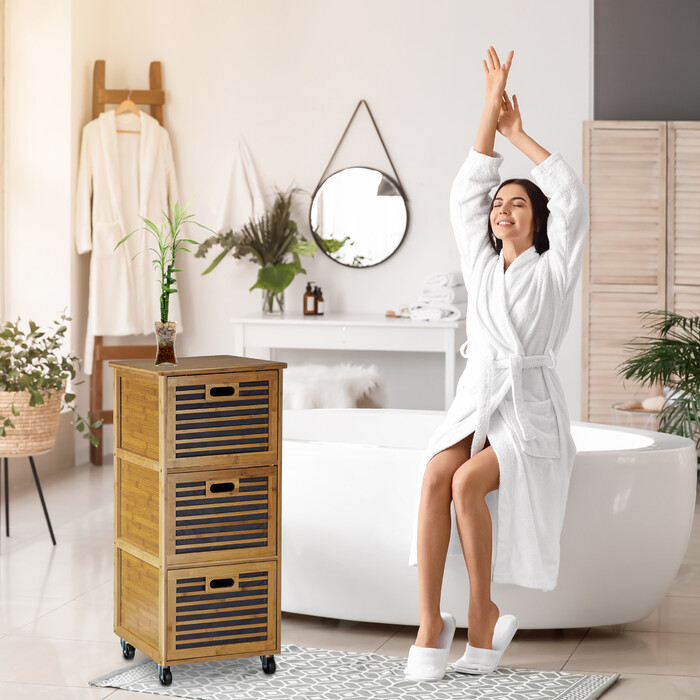 Relaxdays Bamboo Rolling Cart with Drawers