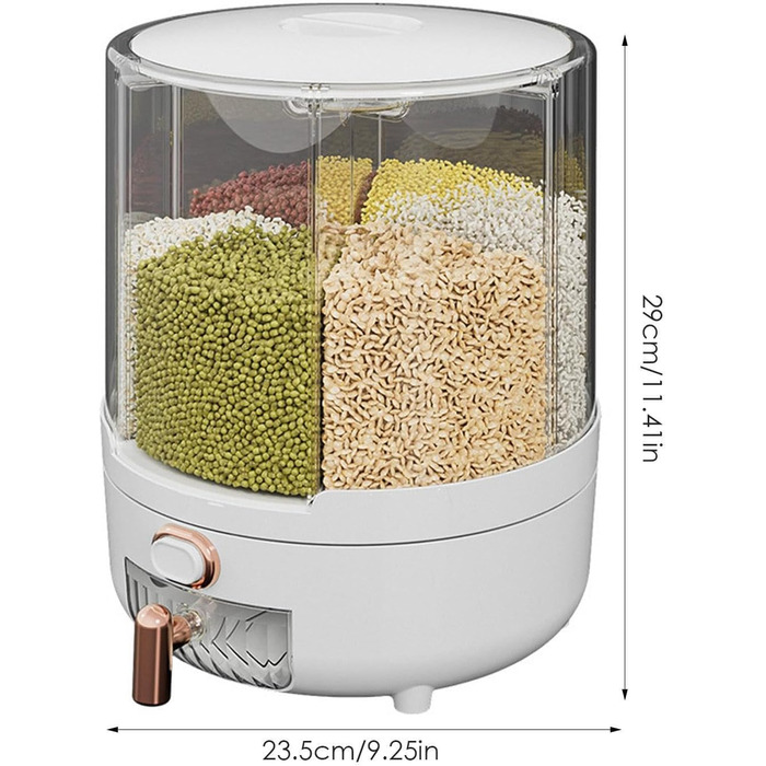 Rotating Food Dispenser – 360 Degree Rotating Dry Food Container, Transparent 6-Compartment Grain Dispenser | Sealed Rice Storage Container with Removable Lid, Storage