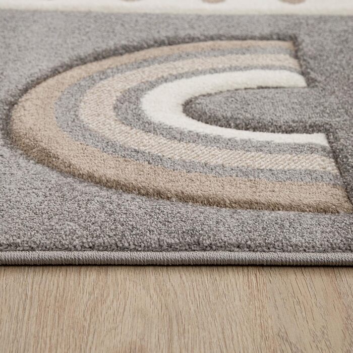 Paco Home Rug Kids' Room Rug Boy Girl Pastel 3D Effect Modern Rainbow Heart Beige Cream Gray, Size: 80x150 cm