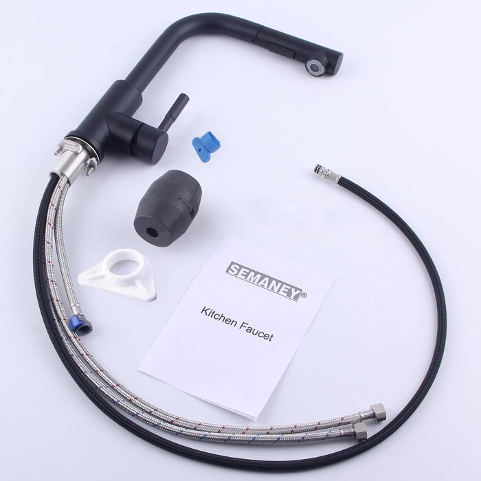Кухонний змішувач SEMANEY з висувною лійкою, чорний, з донним клапаном, 360° обертання, 2 режими, для кухні