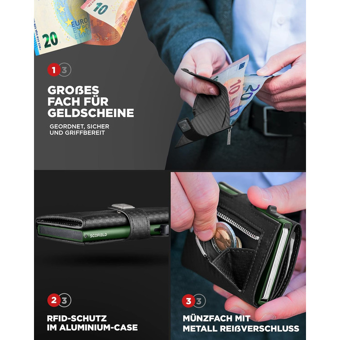 Чоловічий гаманець SF SCOFIELD з відділом для монет | Тонкий гаманець на 9-11 карт | RFID захист | Гаманець з монетницею | Чоловічий гаманець | Розумний гаманець | Чоловіче картхолдер | Slim гаманець | Картхолдер з монетницею Mini (Carbon - Night Green)