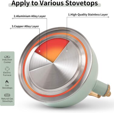 Чайник для плити LONFFERY 2.5л зі свистком, з нержавіючої сталі, з дерев'ястим декором, кришка-засувка, кремовий/білий (Турквіс)