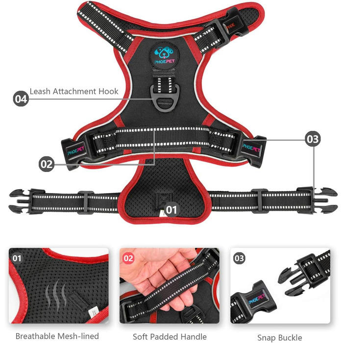 Шлейка для собак PHOEPET без натягу, світловідбиваюча, регульована, з ручкою для тренувань + 2 гачки для повідка + 3 застібки + 4 ковзаючі пряжки (M, Чорний)