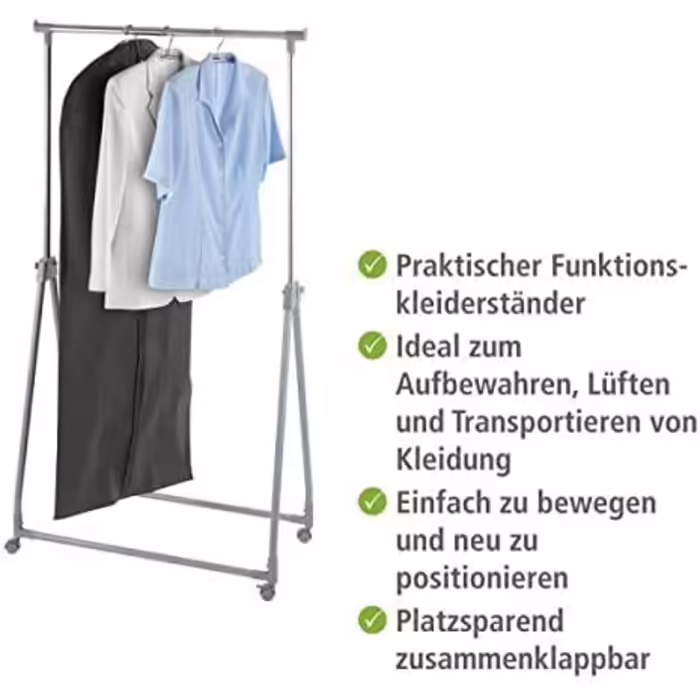 WENKO Clothes Rack Folding, Clothes Storage with Adjustable Clothes Rail and Wheels, Plastic/Metal, 88 x 100-168 x 11-49 cm, Chrome/Grey