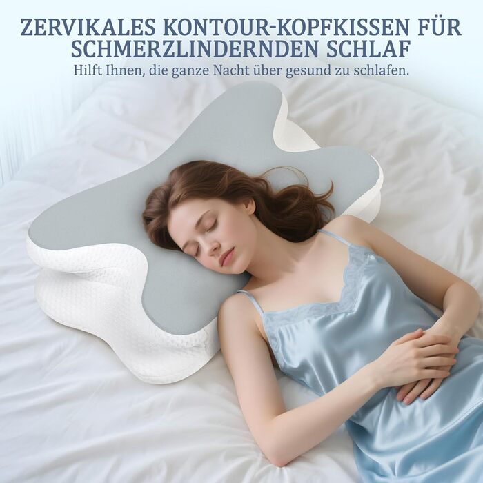 Ортопедична подушка для шиї з Memory Foam - для сну на боці, спині та животі з покриттям з льонової тканини (сіра)