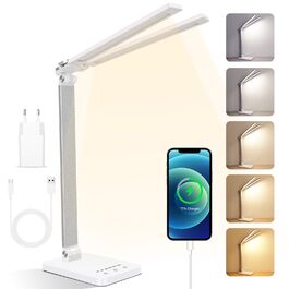 LED-лампа настільна з бездротовою зарядкою та годинником - настільна лампа з регулюванням яскравості, USB-порт, 3 режими, білий колір (Mt862-eu-white)