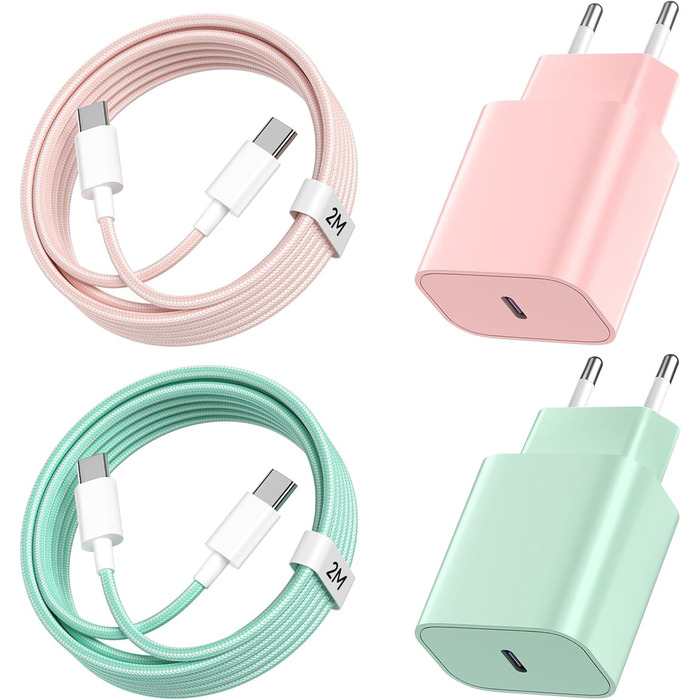 Зарядний пристрій USB-C 20W з кабелем Type-C 2м для iPhone 16/15/Pro/Air, iPad - Рожевий + Зелений (2 шт)