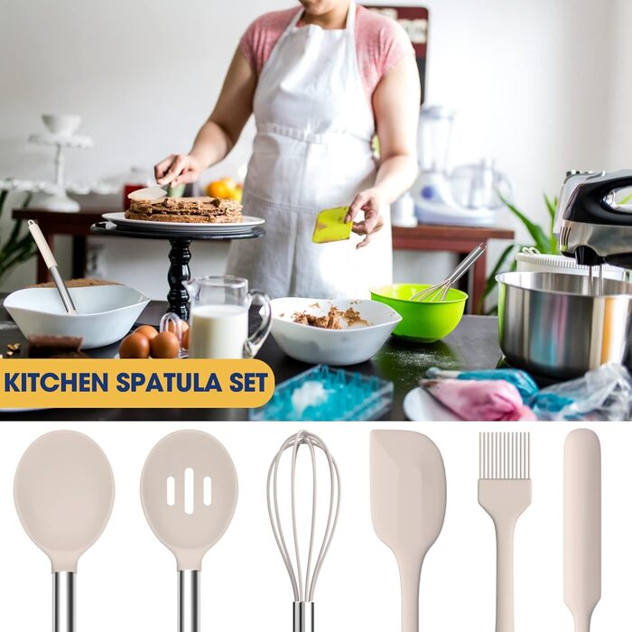 Silicone Cooking Utensil Set, Mushroom, Non-Stick Coated, Kitchen Gadgets, 24-Piece Cooking Utensil Set, Heat-Resistant Cookware, Silicone Kitchen Tools with Stainless Steel Handle (Khaki-24-Piece)
