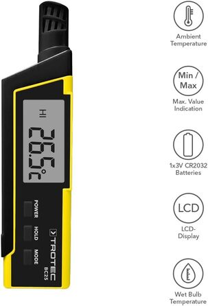 TROTEC Hygrometer BC25 – Humidity Meter and Thermometer – Measuring range -20 °C to +50 °C, Heat Index (HI), apparent temperature (WBGT)