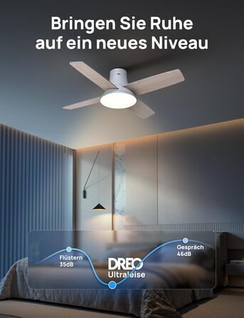 Вентилятор стельовий Dreo з підсвічуванням та пультом, 112 см, чорний, 5 лопатей, 6 рівнів регулювання яскравості, 6 швидкостей, тихий, таймер, легка збірка, для спальні