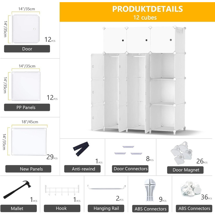 HOMIDEC Wardrobe, Portable Storage System, 20 Cube Closet made of Plastic with 2 Clothes Racks, Bedroom Wardrobe Closet White for Bedroom, 180 x 142 x 45cm (12 cube, All White)