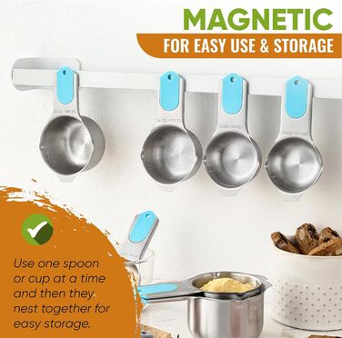 Spring Chef Magnetic Measuring Cups & Spoons Set (Patented), Strong Magnets, Durable Stainless Steel, Fits Spice Jars for Baking & Cooking, BPA-Free, Round, 15-Piece Set with Leveler, Aqua