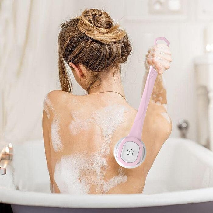 Electric Duschbürste (Shower Brush), Electric Back Brush with Long Handle, Back Brush Shower Massage Brush with 6 Cleaning Heads, Bath Brush for Spa Shower Peeling Massage Brush (Pink)
